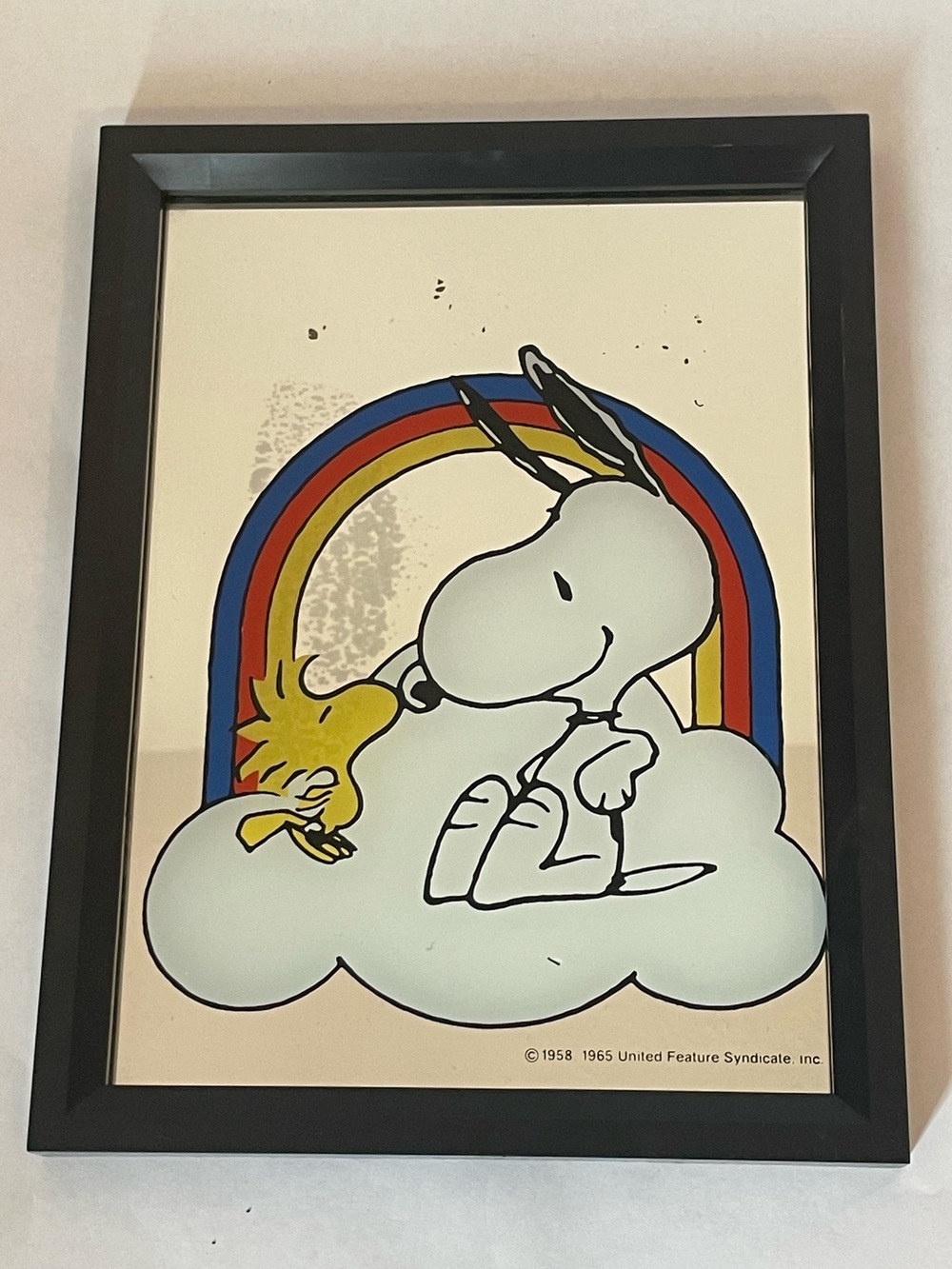 Vintage 1965 Snoopy & Woodstock Kissing Cloud Rainbow Mirror Framed
